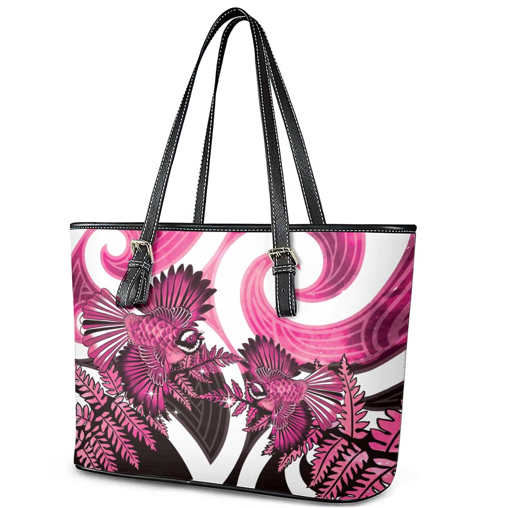 Piwakawaka New Zealand Matariki Leather Tote Bag Maori New Year Silver Fern Pink Galaxy