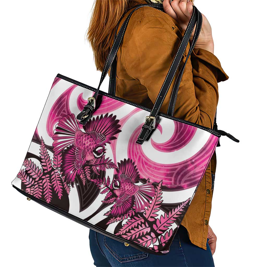 Piwakawaka New Zealand Matariki Leather Tote Bag Maori New Year Silver Fern Pink Galaxy