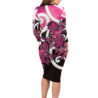 Piwakawaka New Zealand Matariki Long Sleeve Bodycon Dress Maori New Year Silver Fern Pink Galaxy