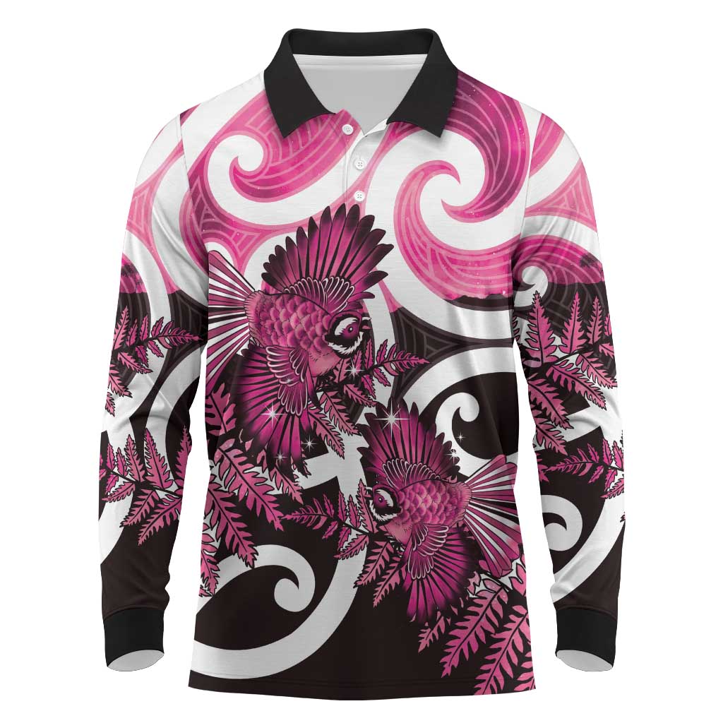 Piwakawaka New Zealand Matariki Long Sleeve Polo Shirt Maori New Year Silver Fern Pink Galaxy