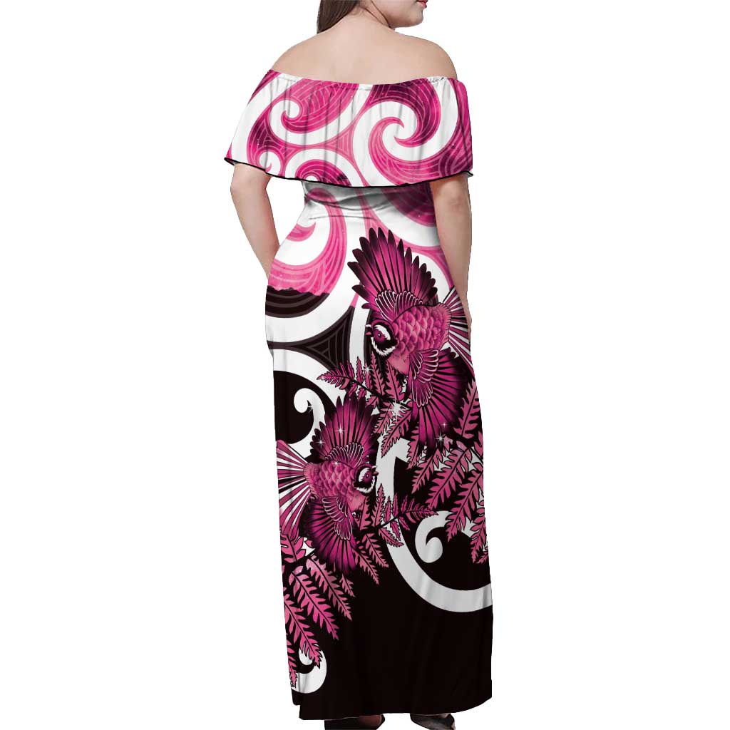 Piwakawaka New Zealand Matariki Off Shoulder Maxi Dress Maori New Year Silver Fern Pink Galaxy