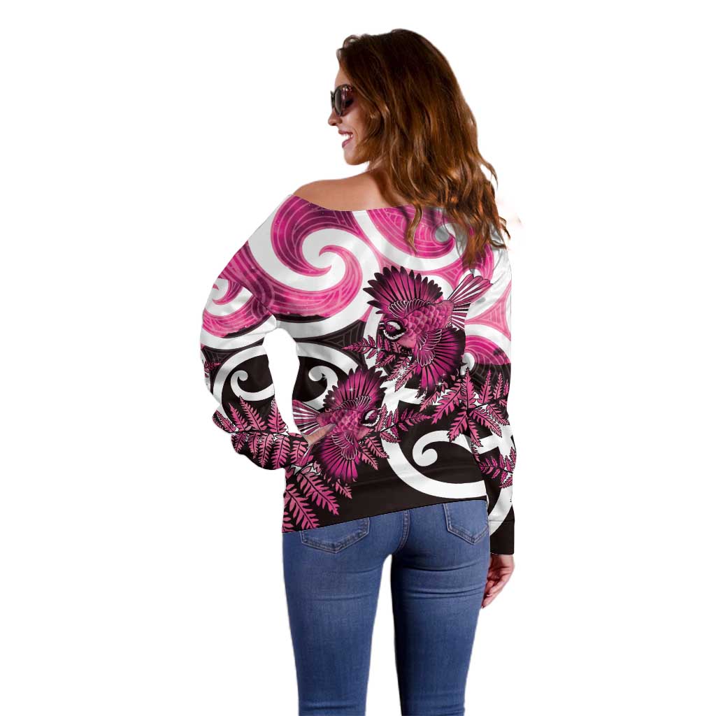 Piwakawaka New Zealand Matariki Off Shoulder Sweater Maori New Year Silver Fern Pink Galaxy