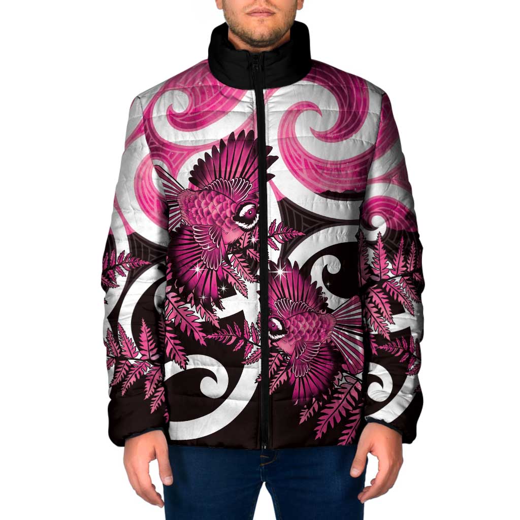 Piwakawaka New Zealand Matariki Padded Jacket Maori New Year Silver Fern Pink Galaxy