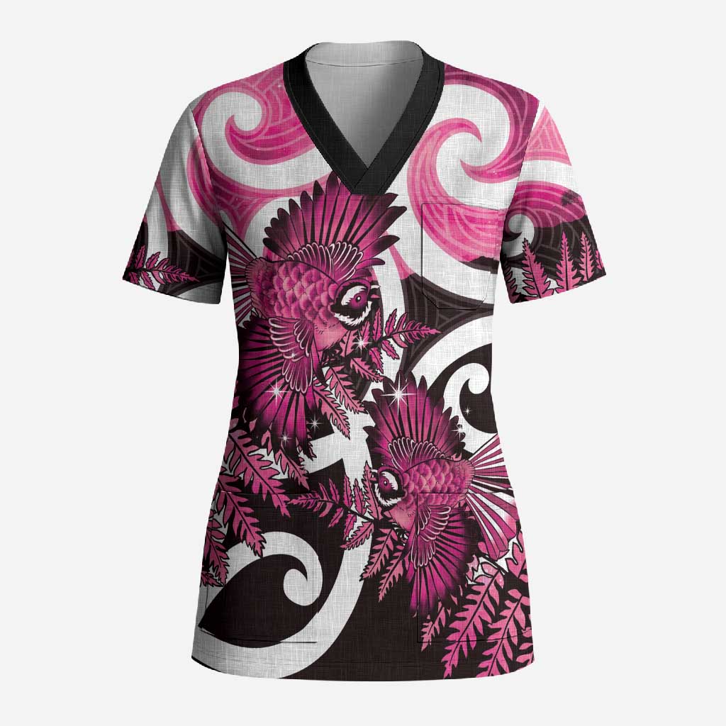 Piwakawaka New Zealand Matariki Scrub Top Maori New Year Silver Fern Pink Galaxy