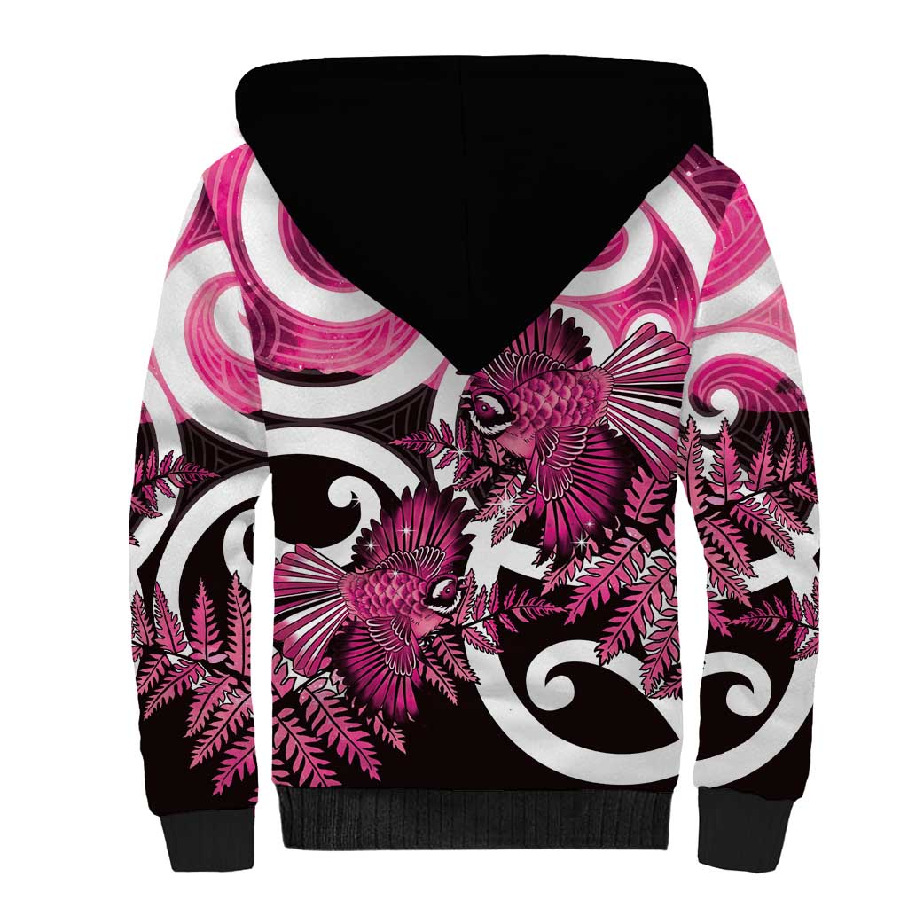 Piwakawaka New Zealand Matariki Sherpa Hoodie Maori New Year Silver Fern Pink Galaxy