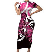 Piwakawaka New Zealand Matariki Short Sleeve Bodycon Dress Maori New Year Silver Fern Pink Galaxy