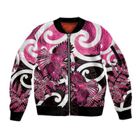 Piwakawaka New Zealand Matariki Sleeve Zip Bomber Jacket Maori New Year Silver Fern Pink Galaxy