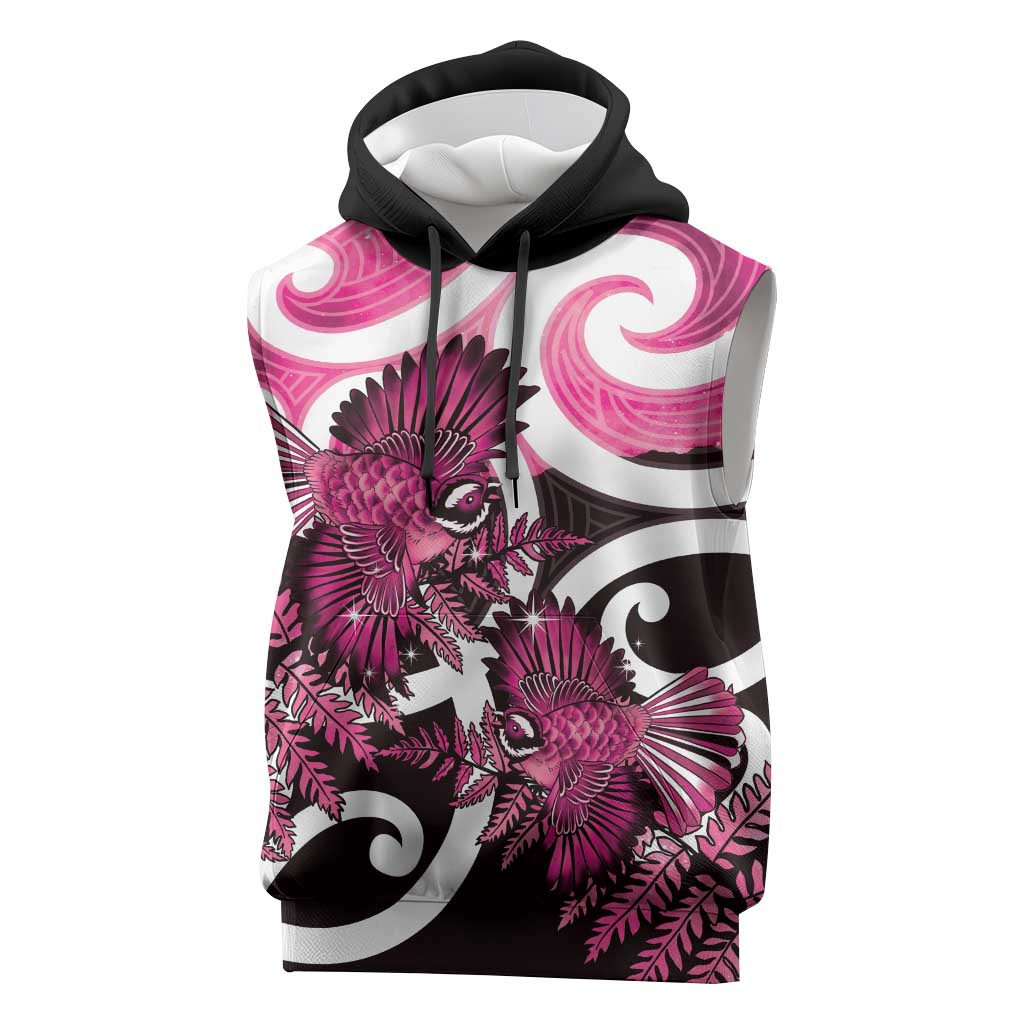 Piwakawaka New Zealand Matariki Sleeveless Hoodie Maori New Year Silver Fern Pink Galaxy