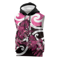 Piwakawaka New Zealand Matariki Sleeveless Hoodie Maori New Year Silver Fern Pink Galaxy