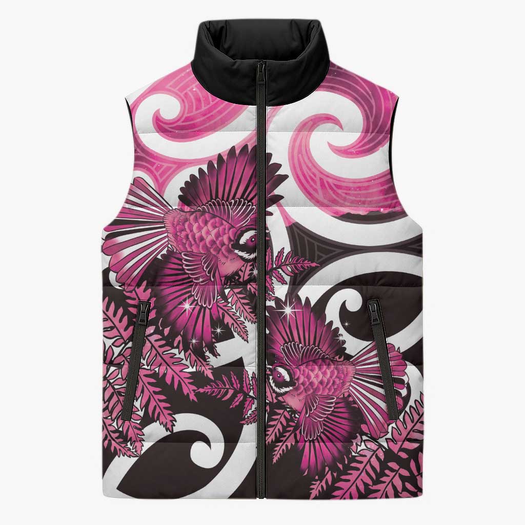 Piwakawaka New Zealand Matariki Sleeveless Puffer Jacket Maori New Year Silver Fern Pink Galaxy