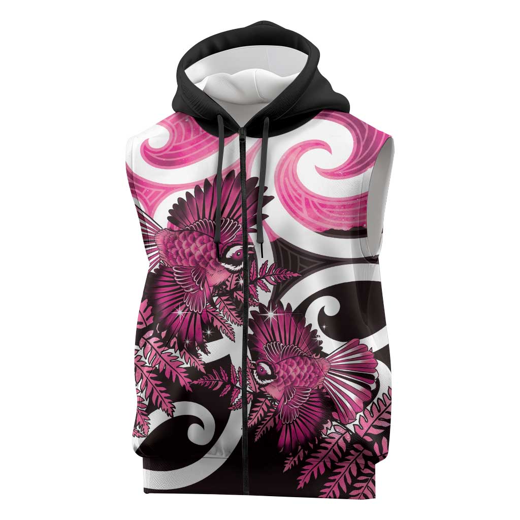 Piwakawaka New Zealand Matariki Sleeveless Zip Hoodie Maori New Year Silver Fern Pink Galaxy