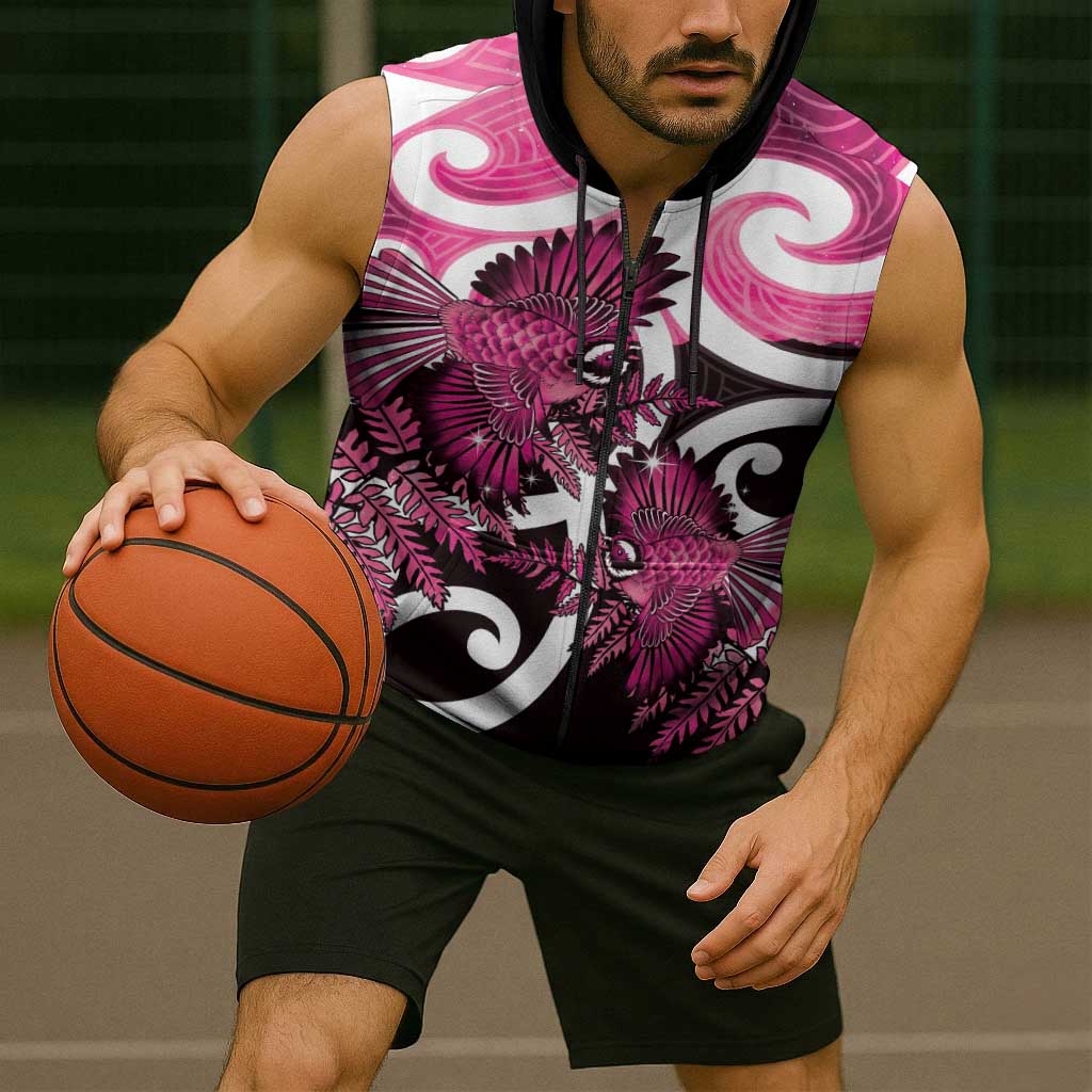 Piwakawaka New Zealand Matariki Sleeveless Zip Hoodie Maori New Year Silver Fern Pink Galaxy