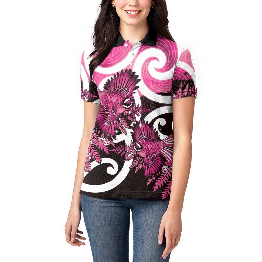 Piwakawaka New Zealand Matariki Women Polo Shirt Maori New Year Silver Fern Pink Galaxy