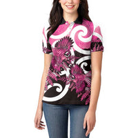 Piwakawaka New Zealand Matariki Women Polo Shirt Maori New Year Silver Fern Pink Galaxy