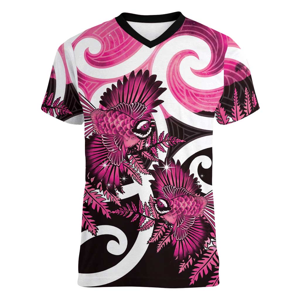 Piwakawaka New Zealand Matariki Women V-Neck T-Shirt Maori New Year Silver Fern Pink Galaxy