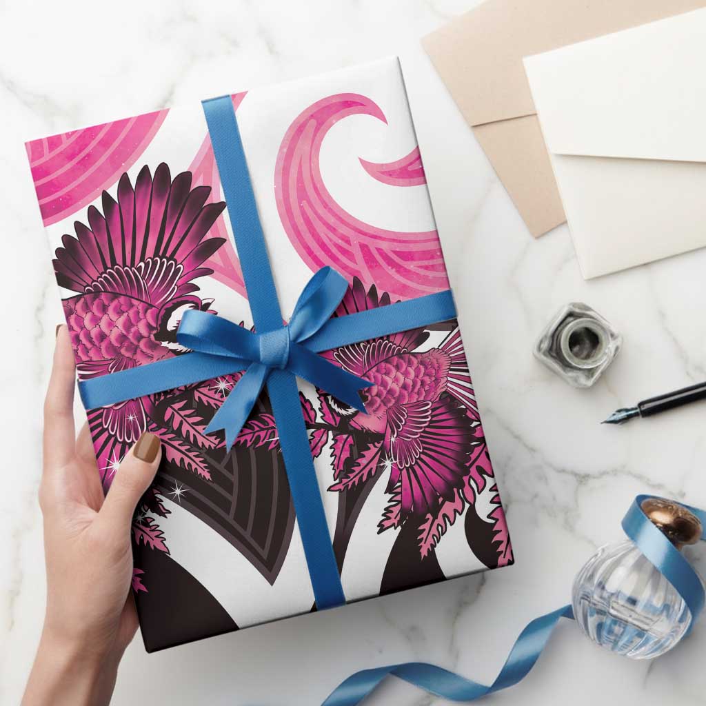Piwakawaka New Zealand Matariki Wrapping Paper Maori New Year Silver Fern Pink Galaxy