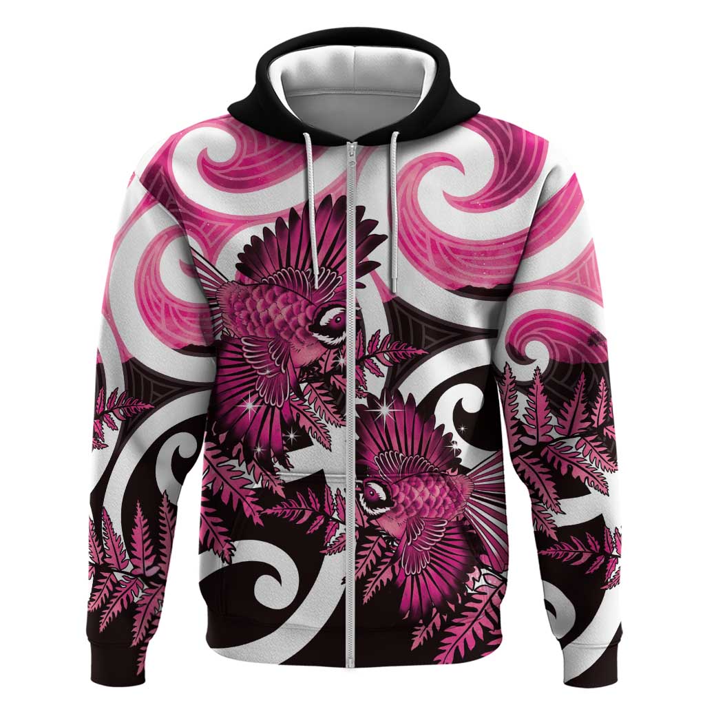 Piwakawaka New Zealand Matariki Zip Hoodie Maori New Year Silver Fern Pink Galaxy LT14 Zip Hoodie Pink - Polynesian Pride