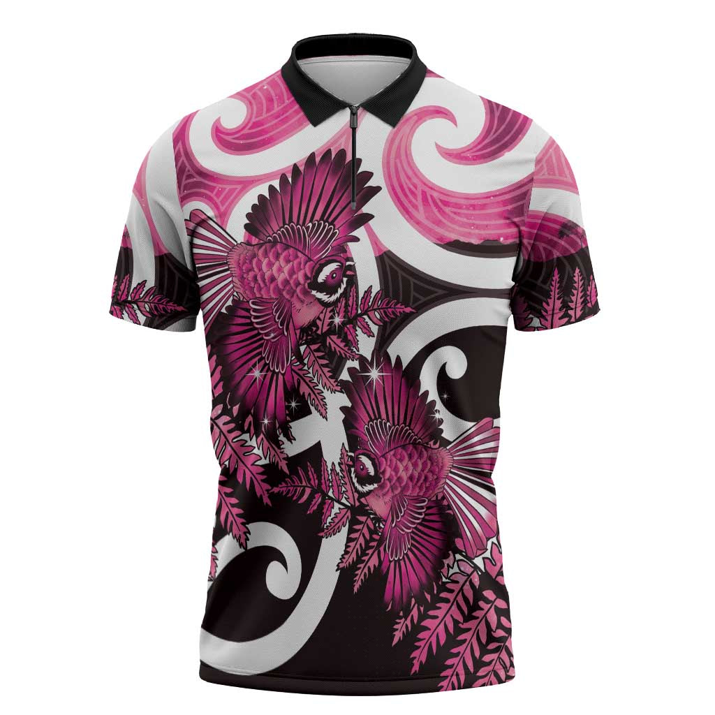 Piwakawaka New Zealand Matariki Zipper Polo Shirt Maori New Year Silver Fern Pink Galaxy