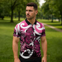 Piwakawaka New Zealand Matariki Zipper Polo Shirt Maori New Year Silver Fern Pink Galaxy