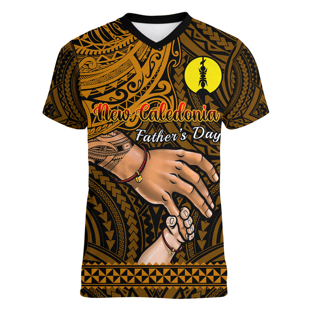 Personalised Father Day New Caledonia Women V Neck T Shirt I Love You Dad LT14 Female Gold - Polynesian Pride