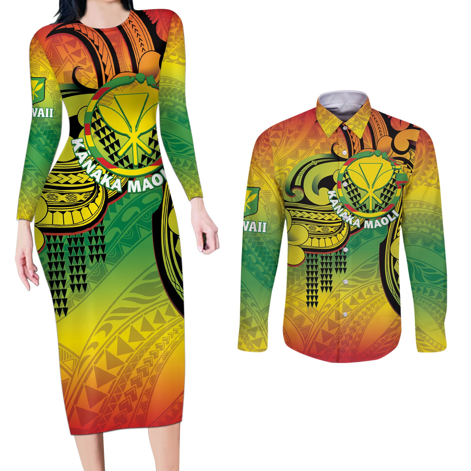 Hawaii Flag Day Couples Matching Long Sleeve Bodycon Dress and Long Sleeve Button Shirt Kanaka Maoli With Kakau Polynesian Pattern LT14