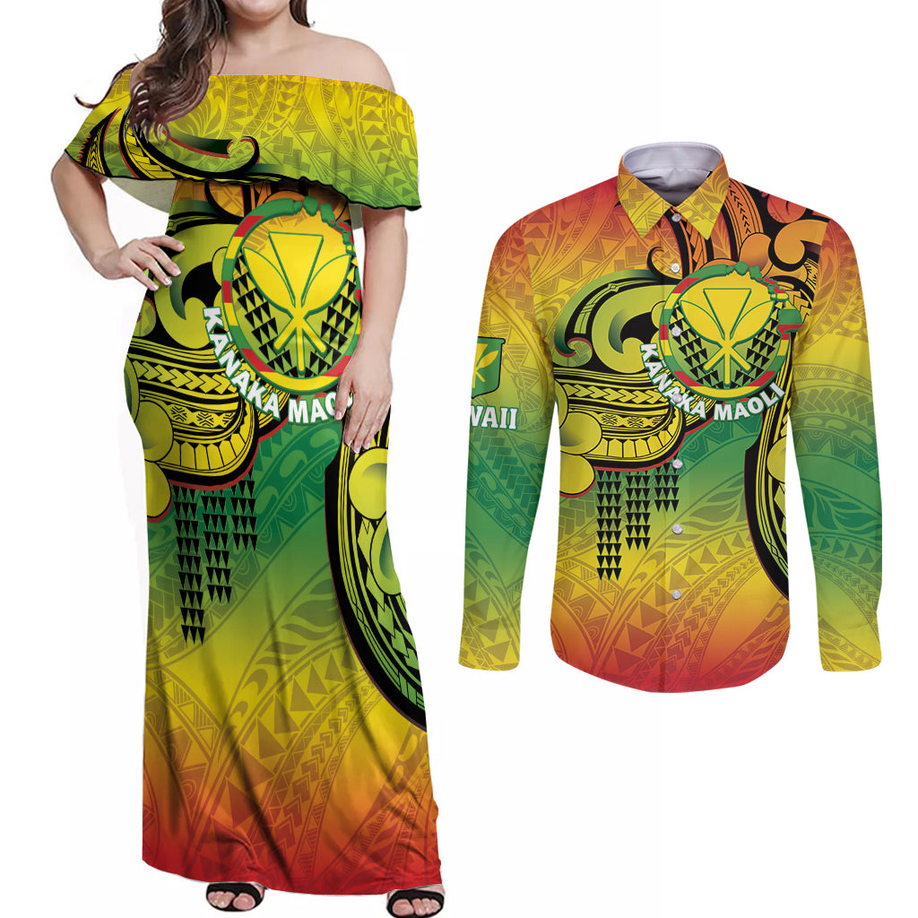 Hawaii Flag Day Couples Matching Off Shoulder Maxi Dress and Long Sleeve Button Shirt Kanaka Maoli With Kakau Polynesian Pattern LT14