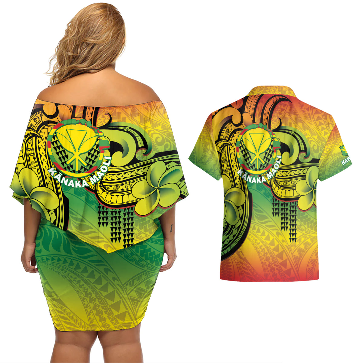 Hawaii Flag Day Couples Matching Off Shoulder Short Dress and Hawaiian Shirt Kanaka Maoli With Kakau Polynesian Pattern LT14