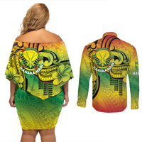 Hawaii Flag Day Couples Matching Off Shoulder Short Dress and Long Sleeve Button Shirt Kanaka Maoli With Kakau Polynesian Pattern LT14