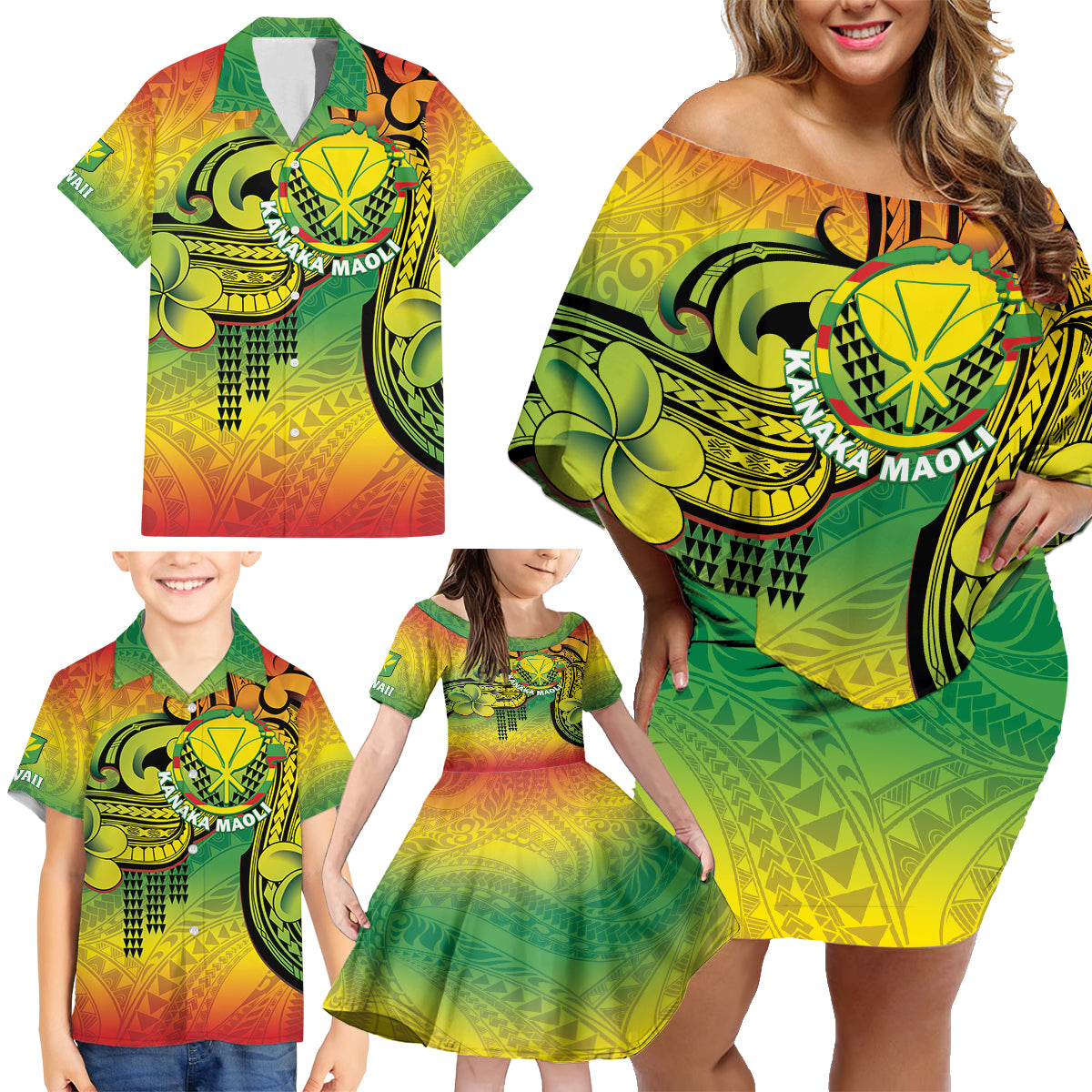 Hawaii Flag Day Family Matching Off Shoulder Short Dress and Hawaiian Shirt Kanaka Maoli With Kakau Polynesian Pattern LT14