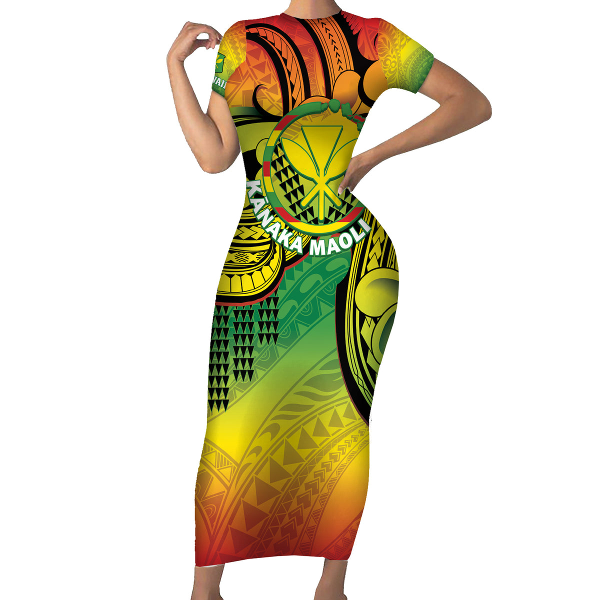 Hawaii Flag Day Short Sleeve Bodycon Dress Kanaka Maoli With Kakau Polynesian Pattern LT14