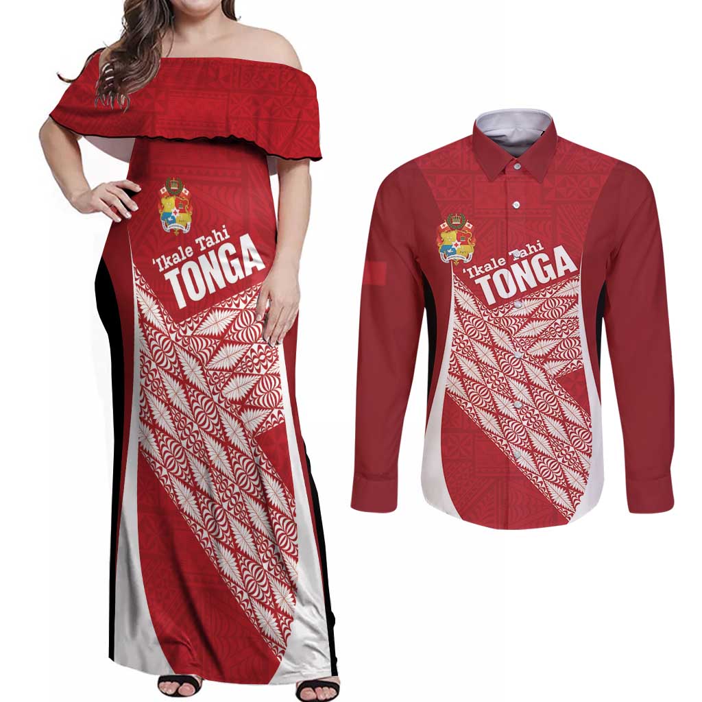 Tonga Rugby Custom Couples Matching Off Shoulder Maxi Dress and Long Sleeve Button Shirt Go ʻIkale Tahi Go Tongan Tapa Cloth