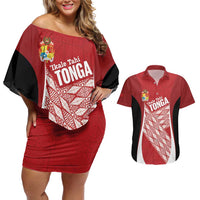 Tonga Rugby Custom Couples Matching Off Shoulder Short Dress and Hawaiian Shirt Go ʻIkale Tahi Go Tongan Tapa Cloth