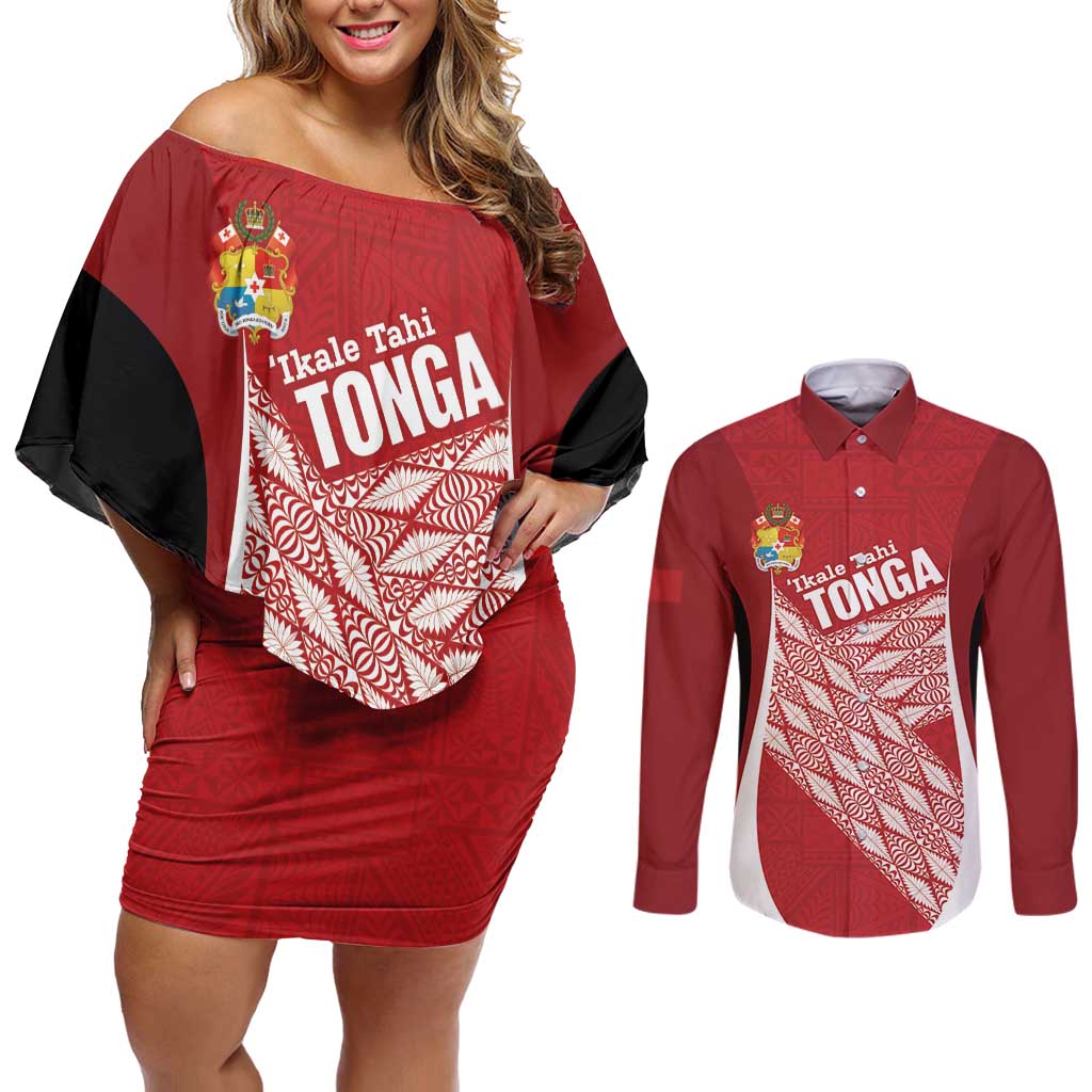 Tonga Rugby Custom Couples Matching Off Shoulder Short Dress and Long Sleeve Button Shirt Go ʻIkale Tahi Go Tongan Tapa Cloth