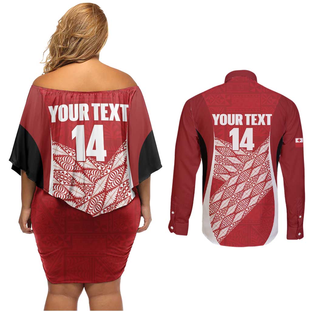 Tonga Rugby Custom Couples Matching Off Shoulder Short Dress and Long Sleeve Button Shirt Go ʻIkale Tahi Go Tongan Tapa Cloth