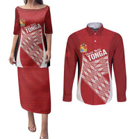 Tonga Rugby Custom Couples Matching Puletasi and Long Sleeve Button Shirt Go ʻIkale Tahi Go Tongan Tapa Cloth LT14 Red - Polynesian Pride