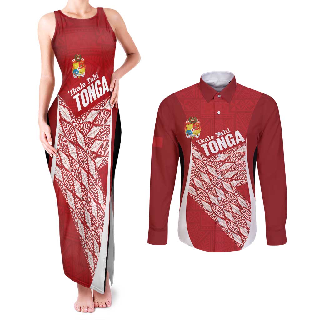 Tonga Rugby Custom Couples Matching Tank Maxi Dress and Long Sleeve Button Shirt Go ʻIkale Tahi Go Tongan Tapa Cloth