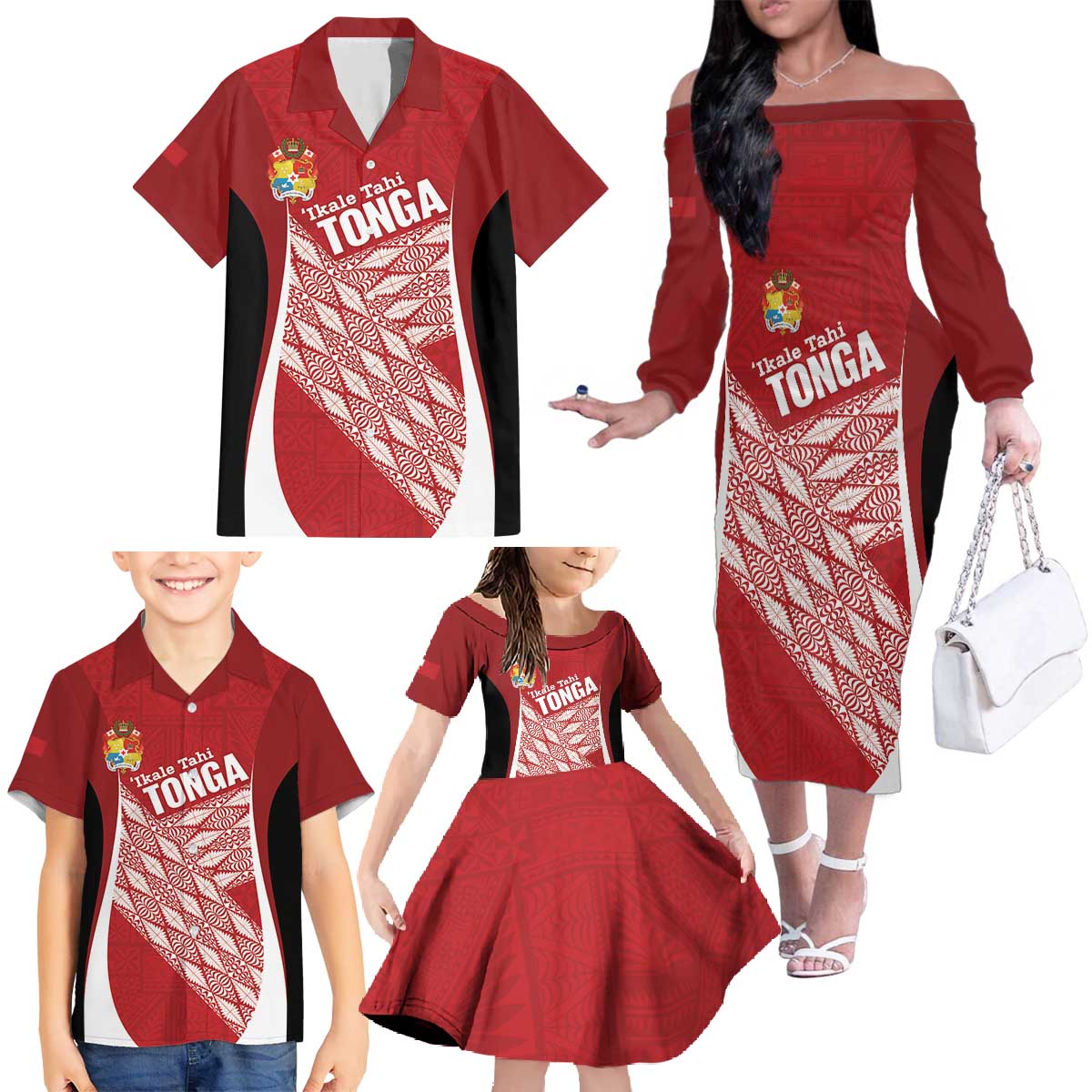 Tonga Rugby Custom Family Matching Off The Shoulder Long Sleeve Dress and Hawaiian Shirt Go ʻIkale Tahi Go Tongan Tapa Cloth