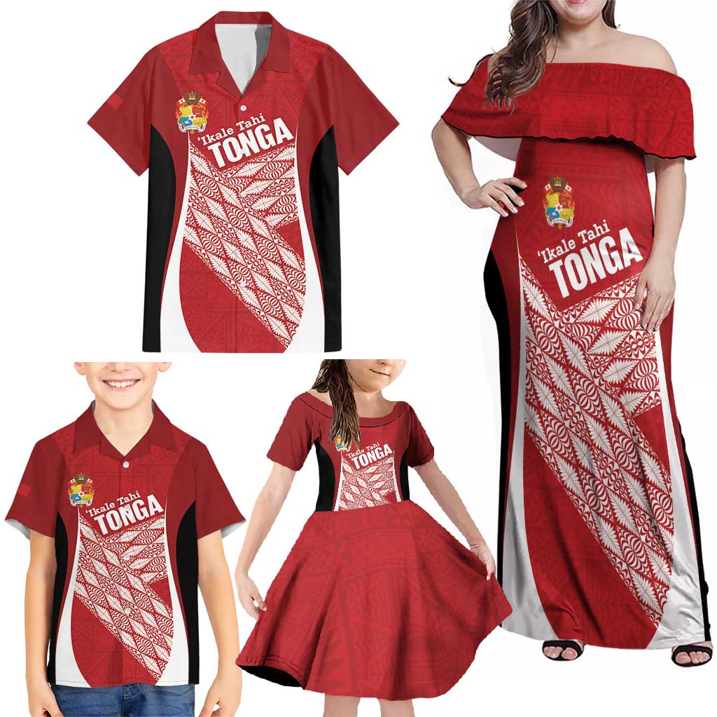 Tonga Rugby Custom Family Matching Off Shoulder Maxi Dress and Hawaiian Shirt Go ʻIkale Tahi Go Tongan Tapa Cloth