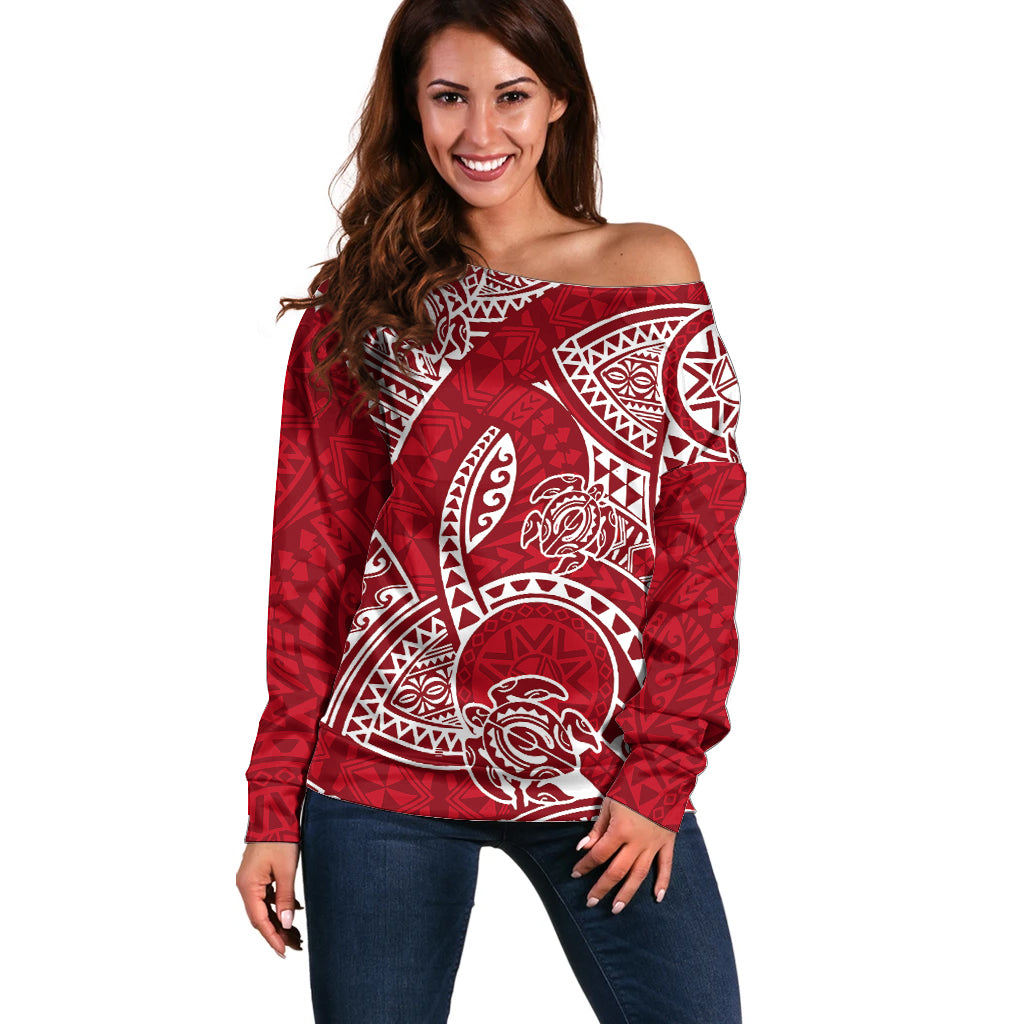 Polynesian Pride Hawaii Off Shoulder Sweater Hawaiian Tribal Honu Red Version LT14 Women Red - Polynesian Pride