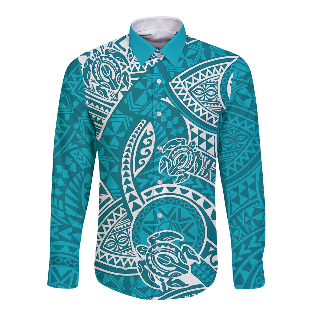 Polynesian Pride Hawaii Long Sleeve Button Shirt Hawaiian Tribal Honu Turquoise Version LT14 Unisex Turquoise - Polynesian Pride