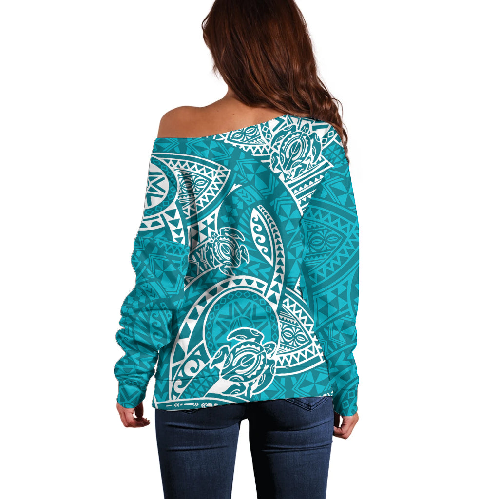 Polynesian Pride Hawaii Off Shoulder Sweater Hawaiian Tribal Honu Turquoise Version LT14 - Polynesian Pride