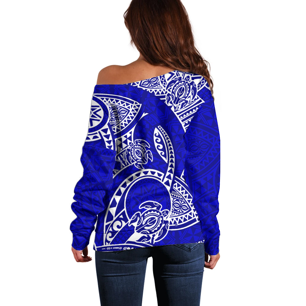 Polynesian Pride Hawaii Off Shoulder Sweater Hawaiian Tribal Honu Blue Version LT14 - Polynesian Pride