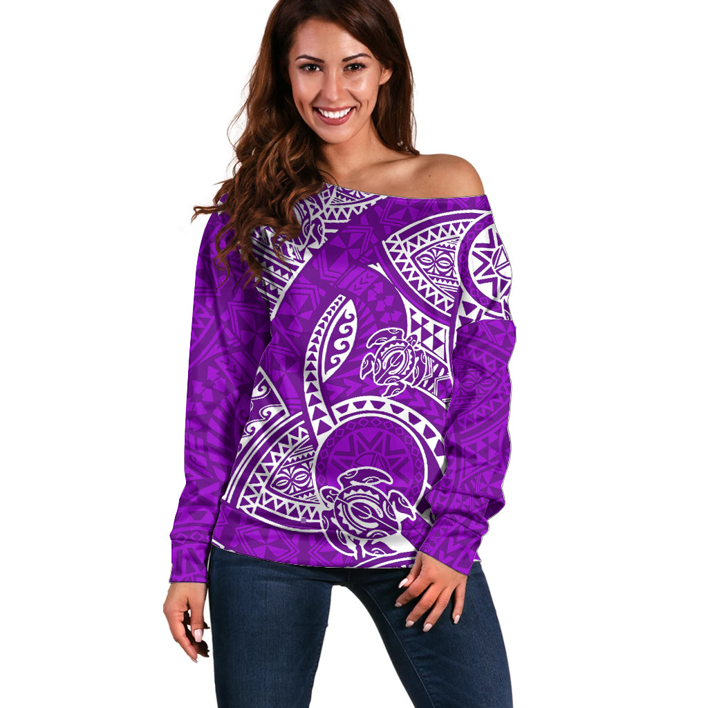 Polynesian Pride Hawaii Off Shoulder Sweater Hawaiian Tribal Honu Purple Version LT14 Women Purple - Polynesian Pride