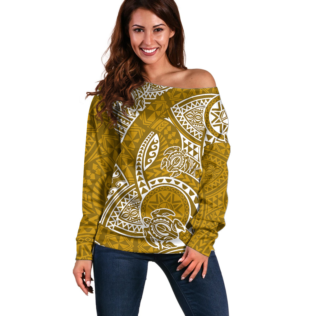 Polynesian Pride Hawaii Off Shoulder Sweater Hawaiian Tribal Honu Gold Version LT14 Women Gold - Polynesian Pride