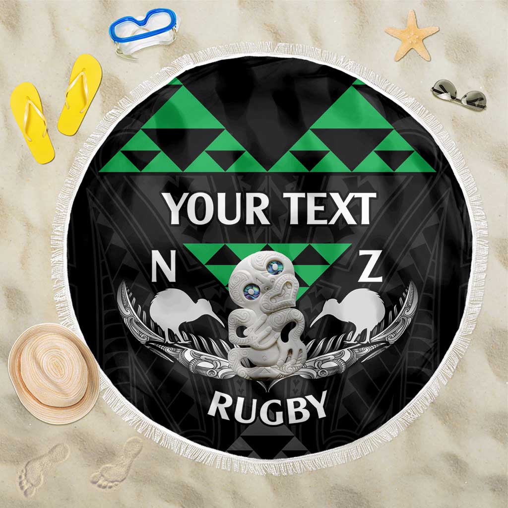 Personalised Aotearoa Rugby Beach Blanket New Zealand Maori Kete Matauranga Pattern