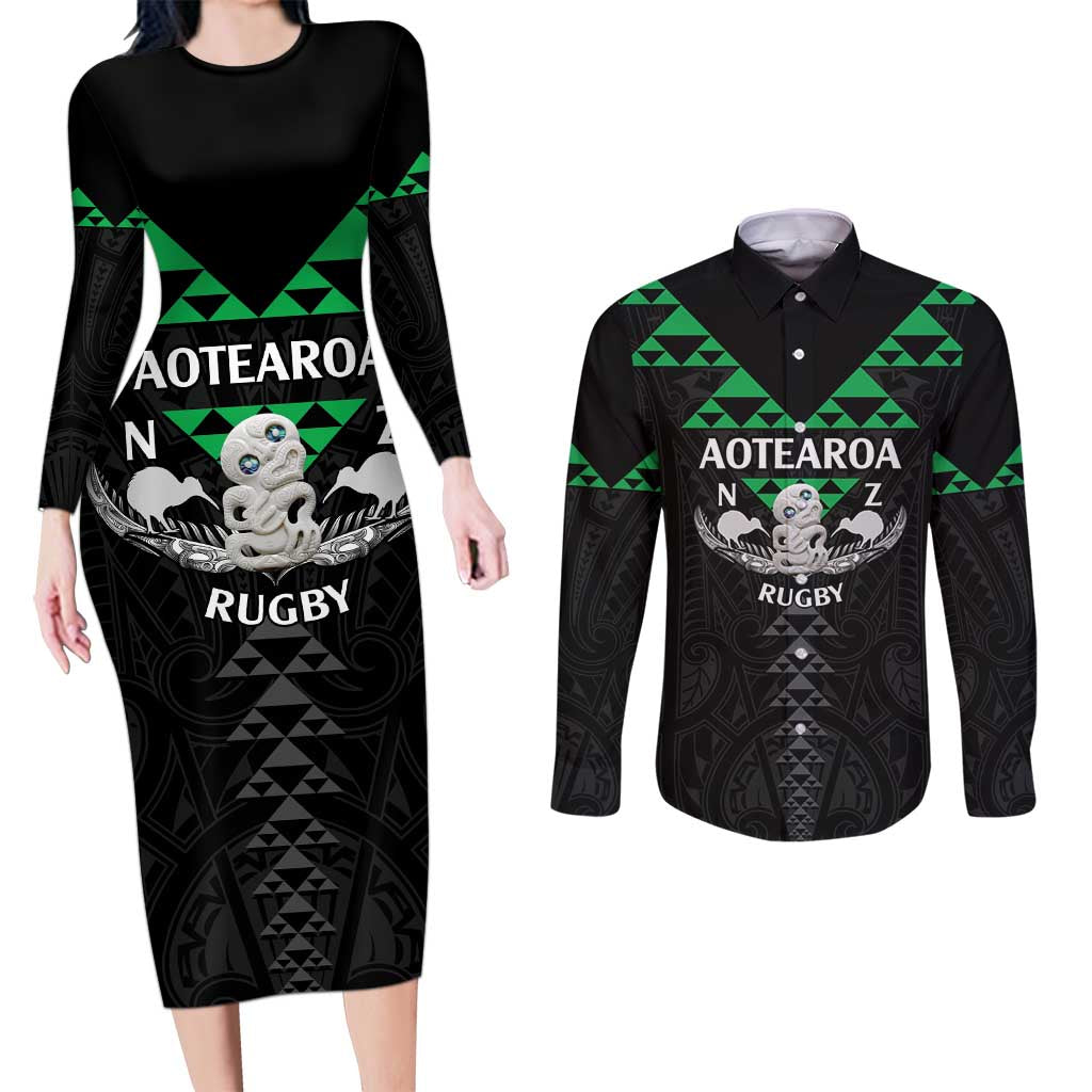 Personalised Aotearoa Rugby Couples Matching Long Sleeve Bodycon Dress and Long Sleeve Button Shirt New Zealand Maori Kete Matauranga Pattern
