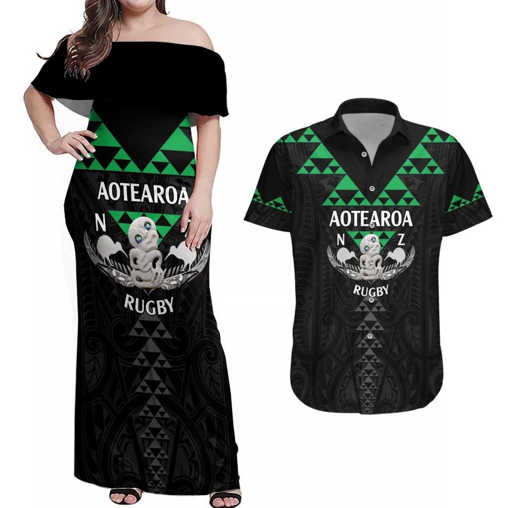 Personalised Aotearoa Rugby Couples Matching Off Shoulder Maxi Dress and Hawaiian Shirt New Zealand Maori Kete Matauranga Pattern