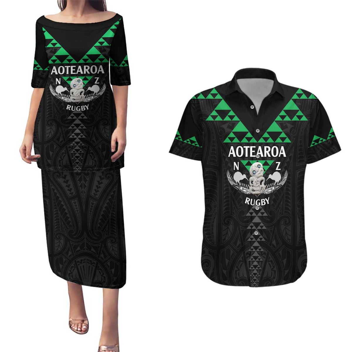 Personalised Aotearoa Rugby Couples Matching Puletasi and Hawaiian Shirt New Zealand Maori Kete Matauranga Pattern