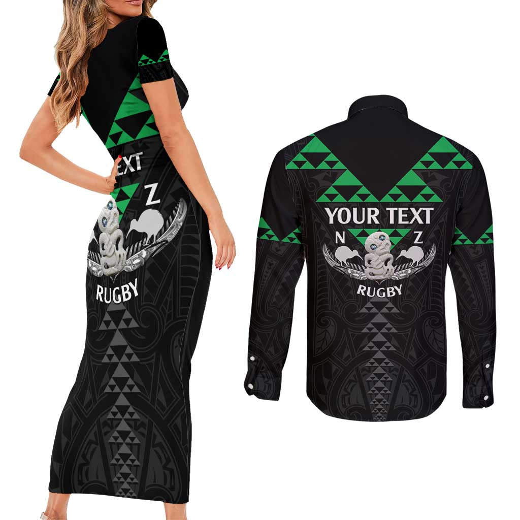 Personalised Aotearoa Rugby Couples Matching Short Sleeve Bodycon Dress and Long Sleeve Button Shirt New Zealand Maori Kete Matauranga Pattern