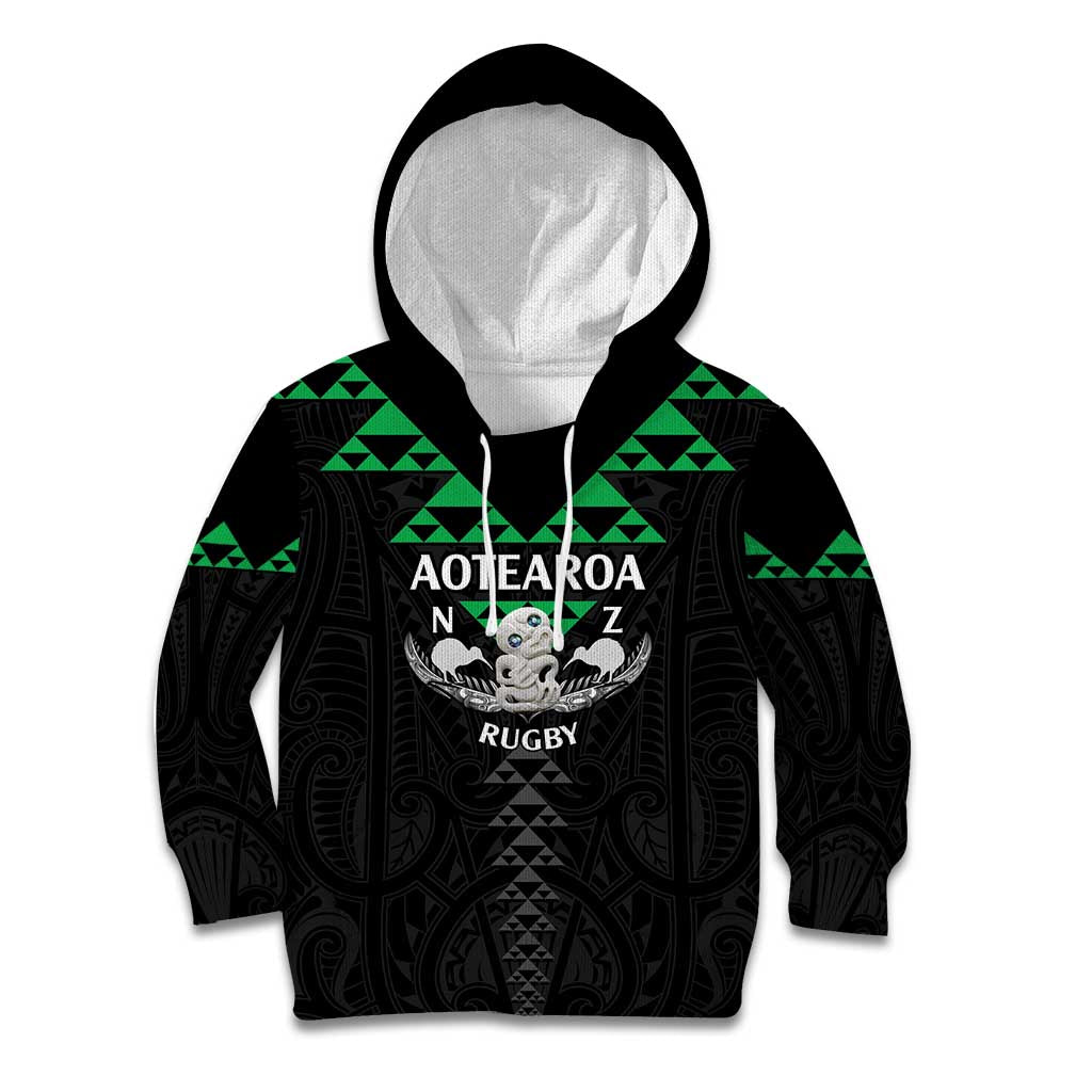Personalised Aotearoa Rugby Kid Hoodie New Zealand Maori Kete Matauranga Pattern